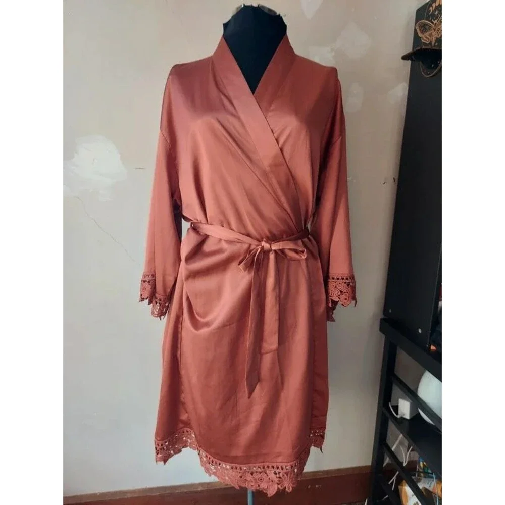 Women's Robe Satin Feel with Lace Trim - Copper Cinnamon sz xxl xxxl